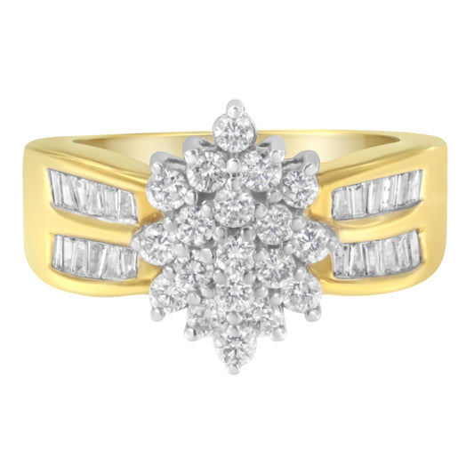 10K Yellow Gold 1.0 Cttw Round & Baguette Cut Diamond Floral Cluster Double-Channel Flared Band Statement Ring (H-I Color, SI2-I1 Clarity)