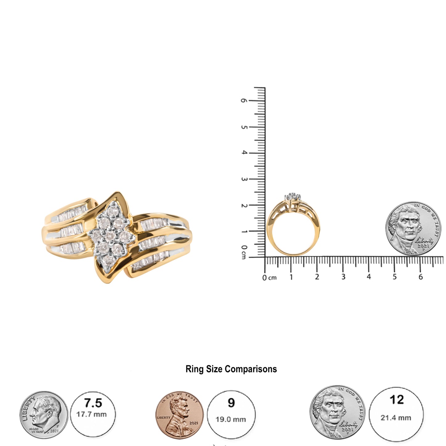 10K Yellow Gold 1/2 Cttw Round And Baguette-cut Diamond Cluster Head and Channel Set Shank Ring (H-I Color, I1-I2 Clarity) - Ring Size 7