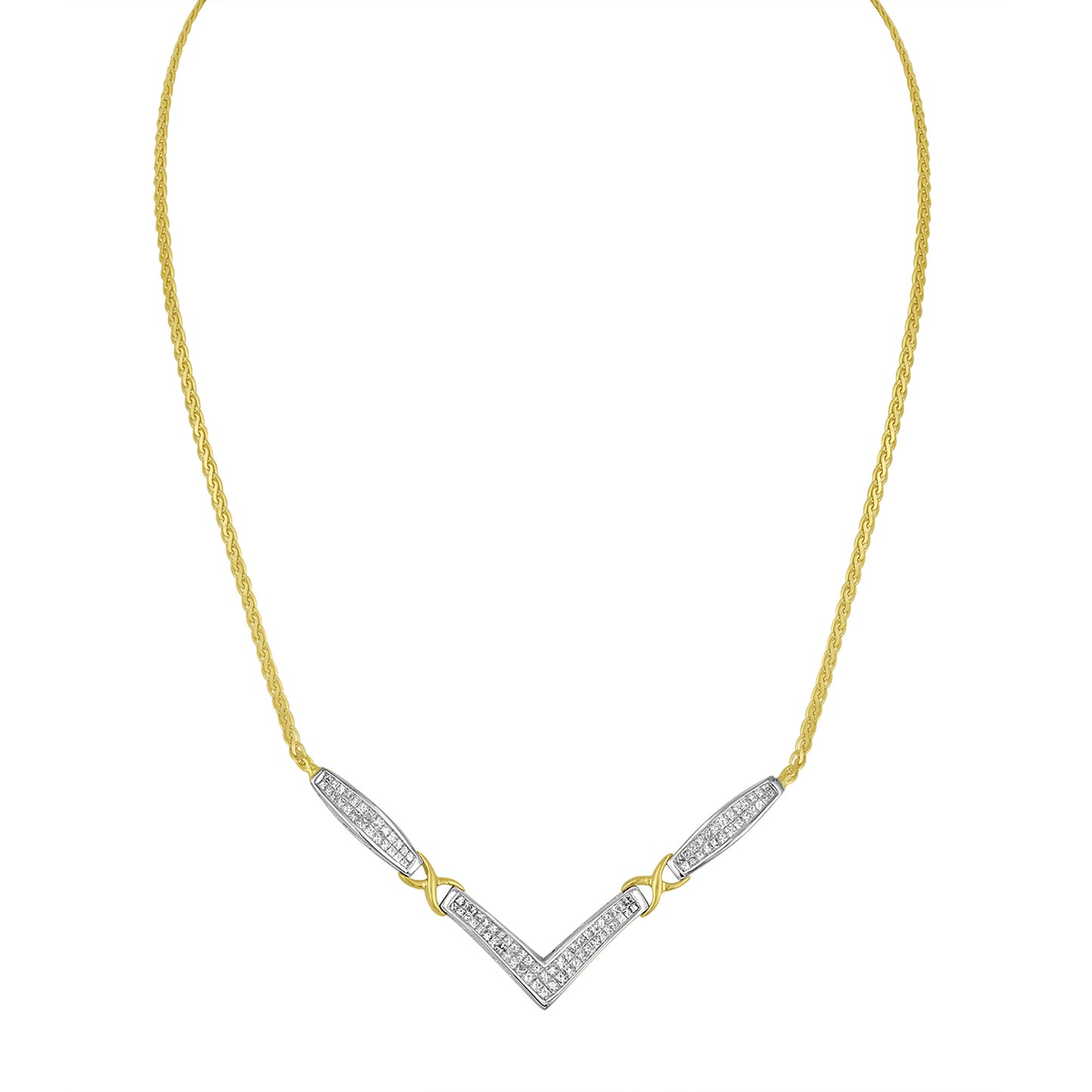 14K Yellow and White Gold 2.0 Cttw Princess Cut Diamond Flared and X-Station V Shaped 18' Franco Chain Statement Necklace (H-I Color, SI2-I1 Clarity)