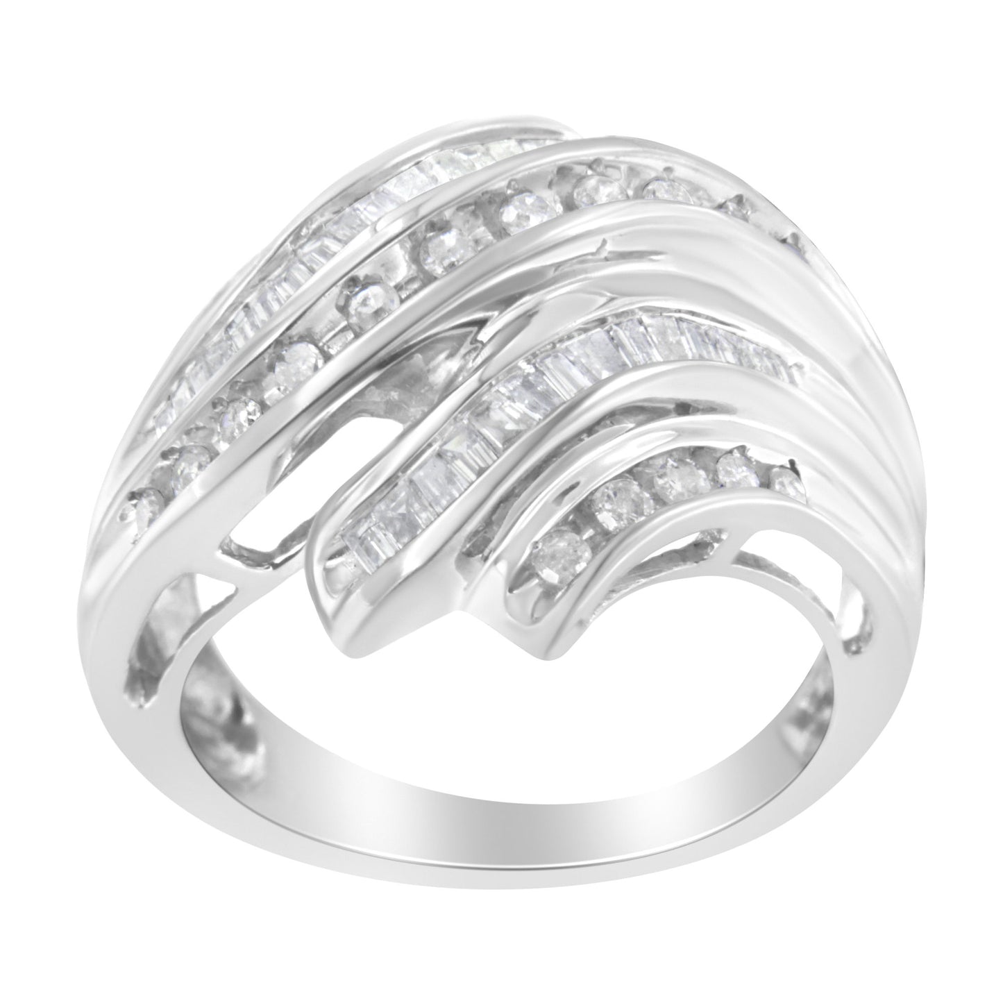 10K White Gold Round and Baguette Cut Diamond Channel Ring (3/4 Cttw, H-I Color, SI2-I1 Clarity)