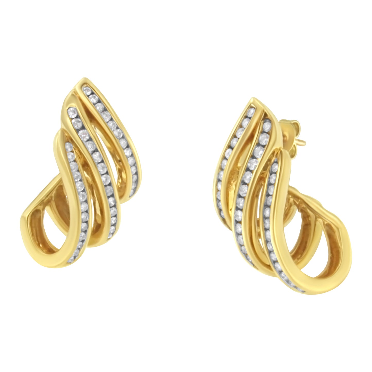 10K Yellow Gold 1.0 Cttw Round Brilliant Cut Diamond Spiral Multi Row Channel Set Open Hoop Pushback Stud Earrings (H-I Color, I1-I2 Clarity)