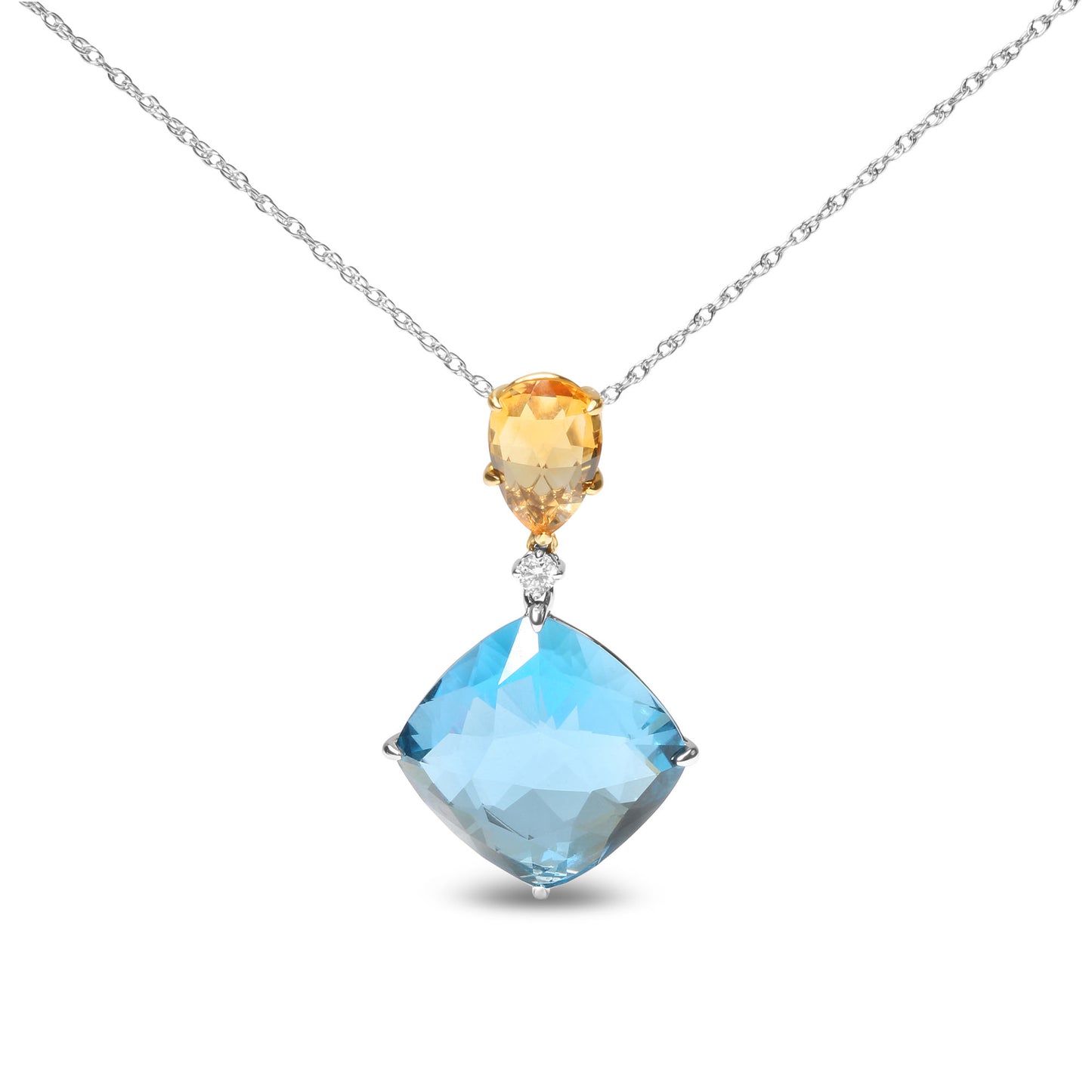 18K White and Yellow Gold Diamond Accent and Yellow Citrine and Sky Blue Topaz Dangle Drop 18" Pendant Necklace (G-H Color, SI1-SI2 Clarity)