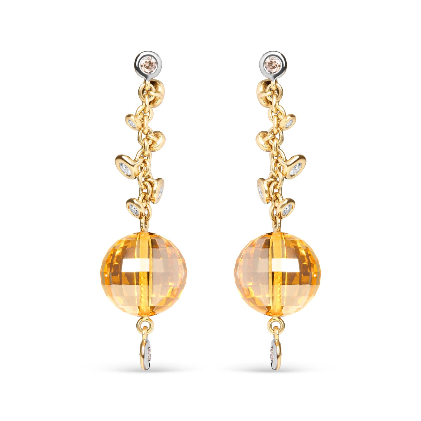 18K Yellow Gold 2/3 Cttw Round Bezel Diamond and 25mm Ball Shaped Yellow Citrine Gemstone Dangle Stud Earring (Brown and G-H Color, SI1-SI2 Clarity)