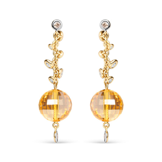 18K Yellow Gold 2/3 Cttw Round Bezel Diamond and 25mm Ball Shaped Yellow Citrine Gemstone Dangle Stud Earring (Brown and G-H Color, SI1-SI2 Clarity)