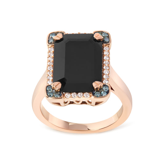 14K Rose Gold 15x10 MM Emerald-Cut Black Onyx and 1/5 Cttw Blue and White Diamond Halo Cocktail Ring (G-H Color, SI1-SI2 Clarity)- Size 7