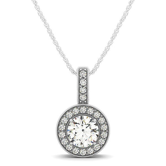 Milgrain Edge Diamond Halo Pendant in 14k White Gold (5/8 cttw)