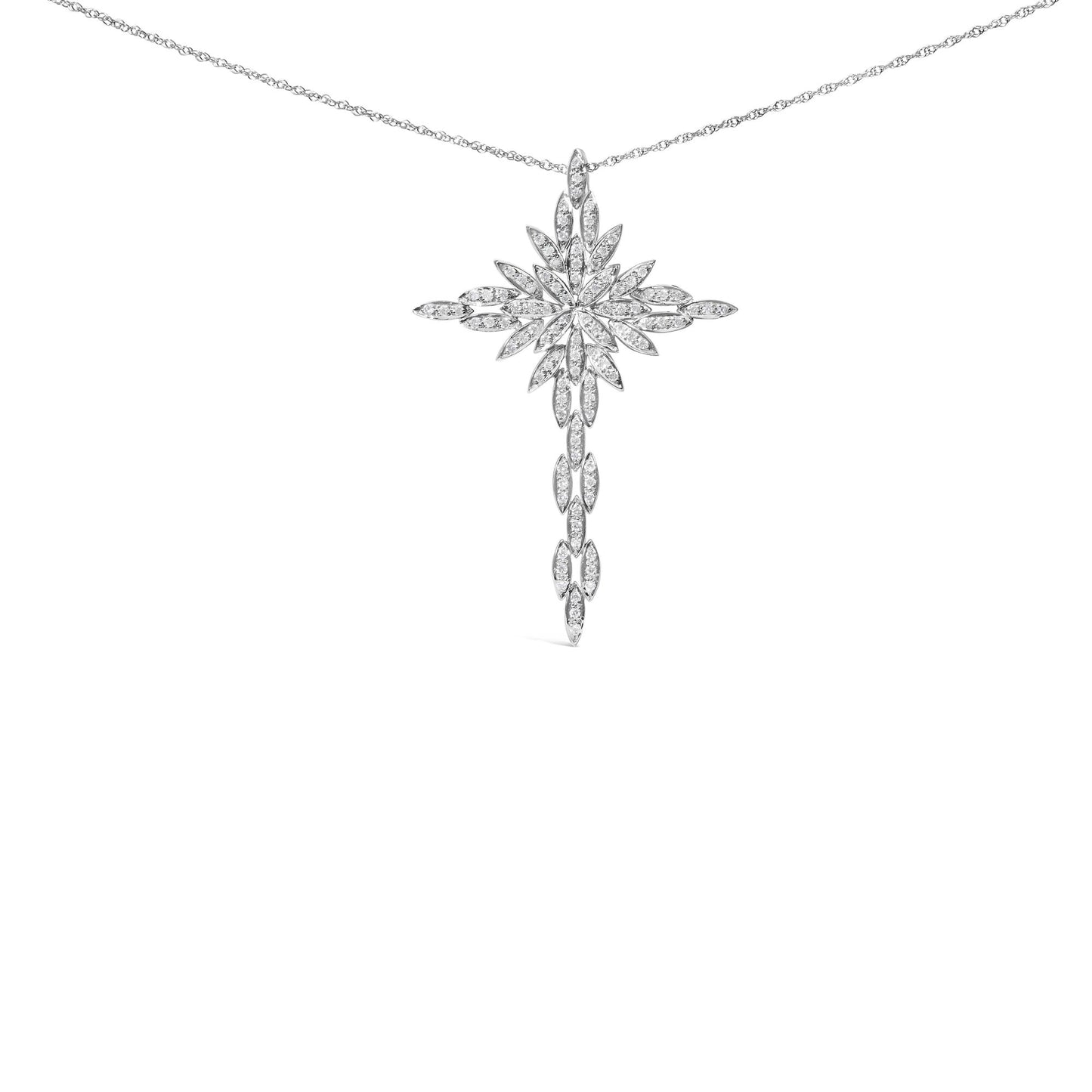 14K White Gold 1.0 Cttw Cocktail Cluster Cross 18" Pendant Necklace (H-I Color, SI1-SI2 Clarity)