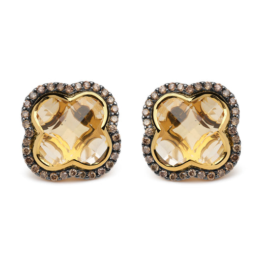 18K Yellow Gold 1/2 Cttw Brown Diamond and 11x11mm Clover-Cut Yellow Citrine Gemstone Clover Halo Stud Earrings (Brown Color, SI1-SI2 Clarity)