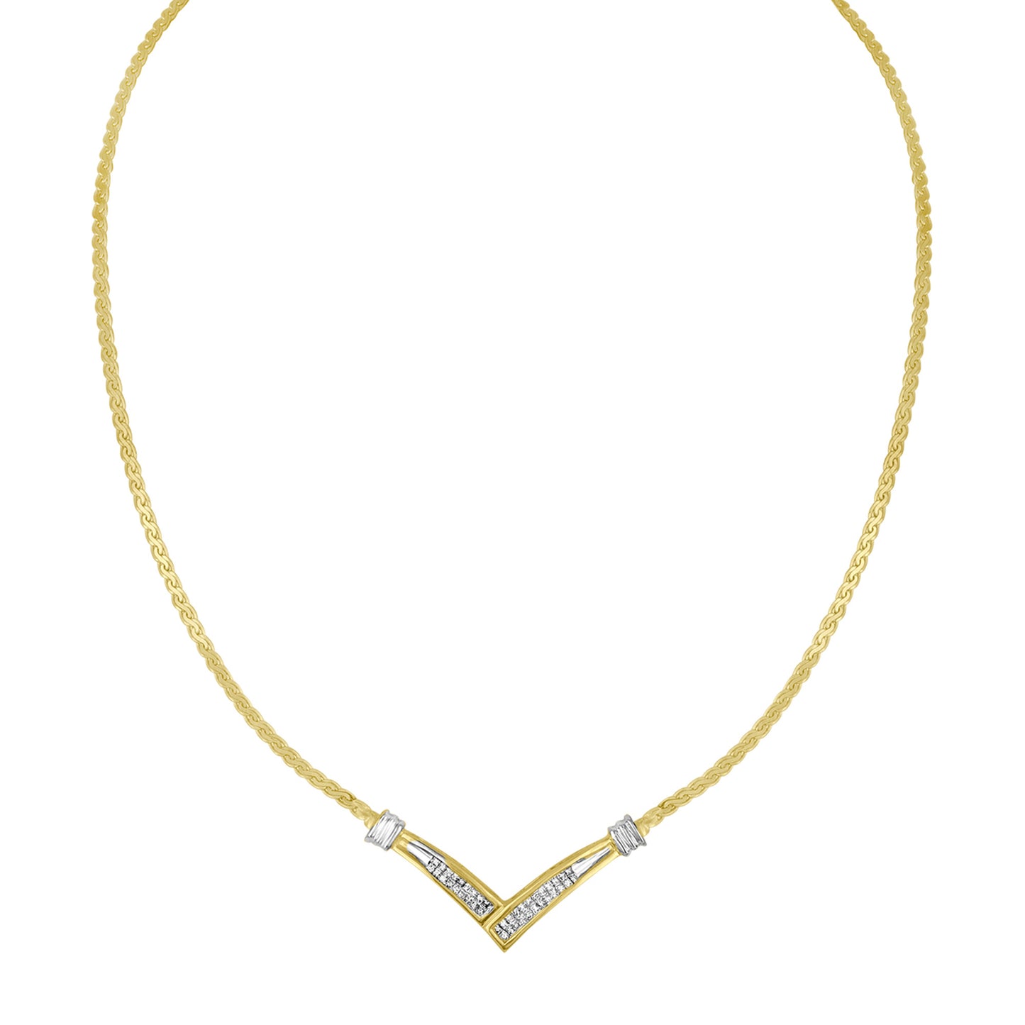 10K Yellow and White Gold 1/2 Cttw Princess Cut Diamond Channel-Set 'V' Shape 18" Franco Chain Necklace (H-I Color, SI2-I1 Clarity)