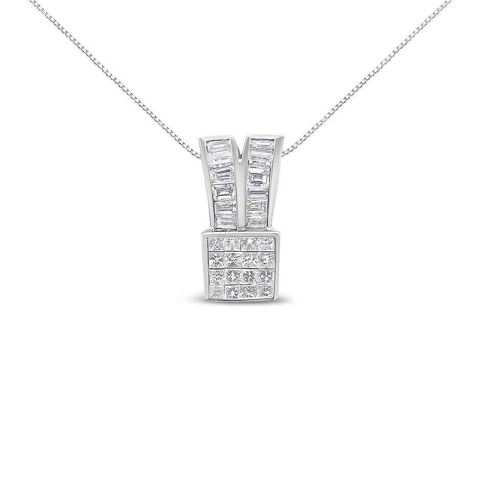 14K White Gold 1 5/8 cttw Princess and Baguette Cut Diamond Heart Ribbon Pendant Necklace (G-H, VS1-VS2)