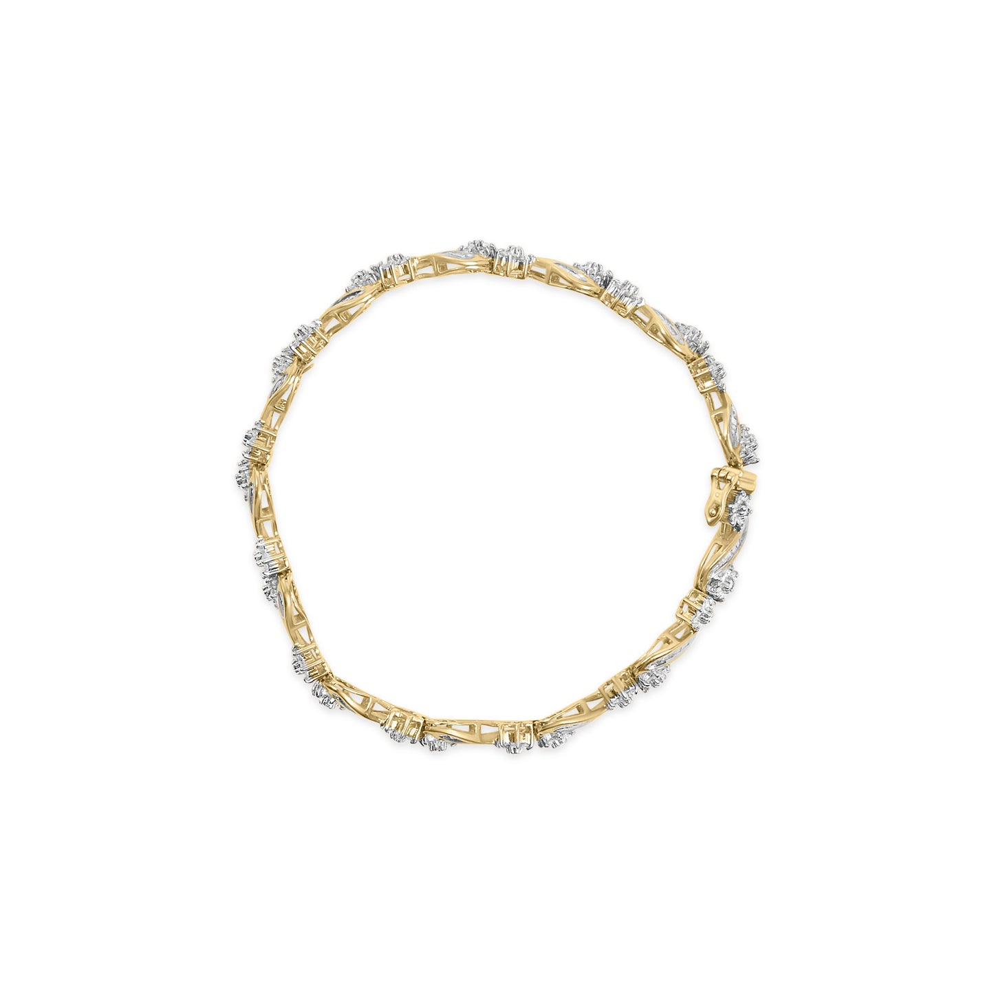 10k Yellow Gold 3.00 Cttw Round-Cut and Baguette-Cut Floral Link 7.25" Bracelet (I-J Color, I1-I2 Clarity)