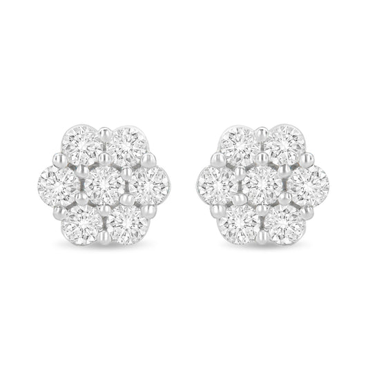 14K White Gold 1.0 Cttw Prong Set Round-Cut Diamond Floral Stud Earrings (H-I Color, I1-I2 Clarity)