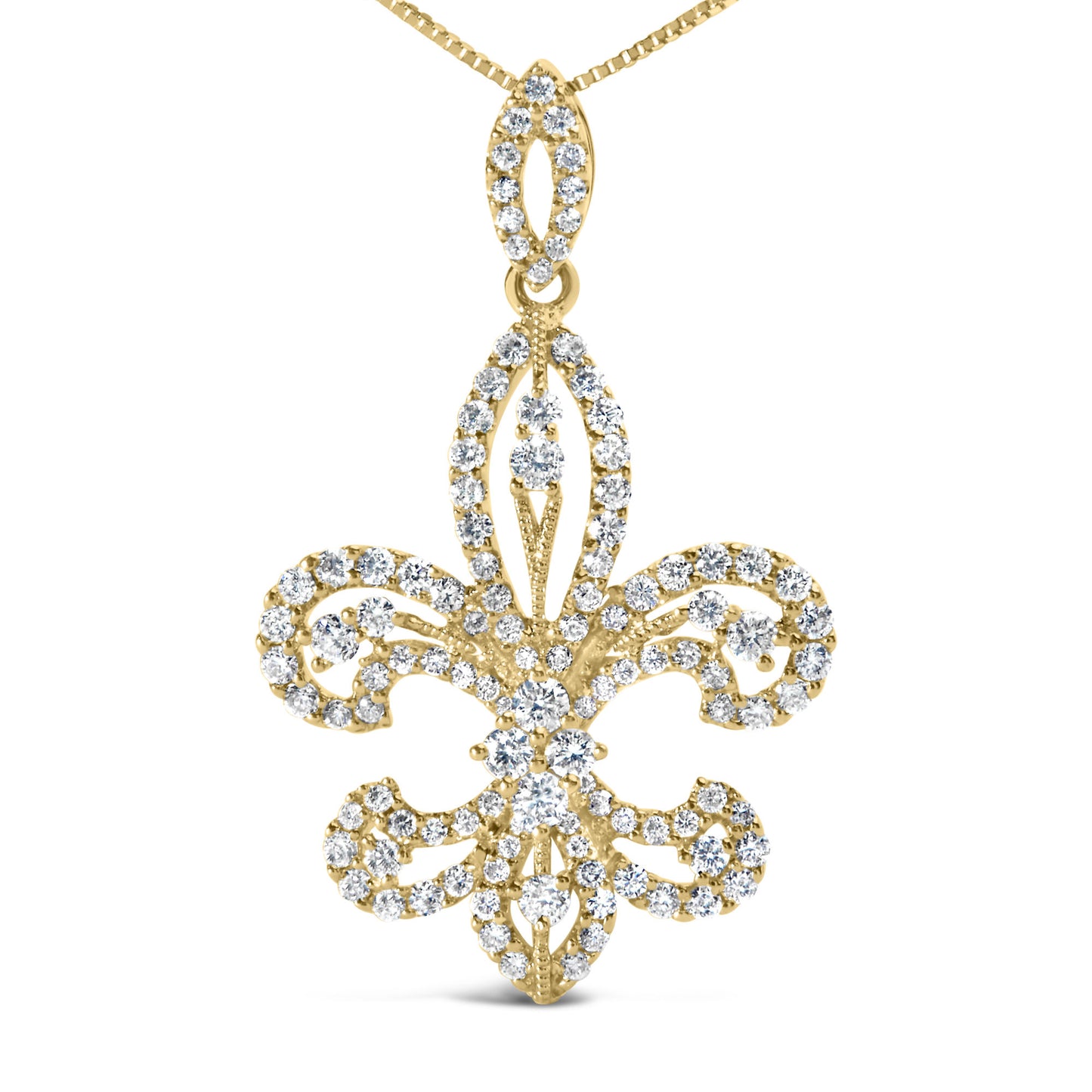 14K Yellow Gold 1.00 Cttw Round Diamond Fleur De Lis 18" Pendant Necklace (H-I Color, SI2-I1 Clarity)