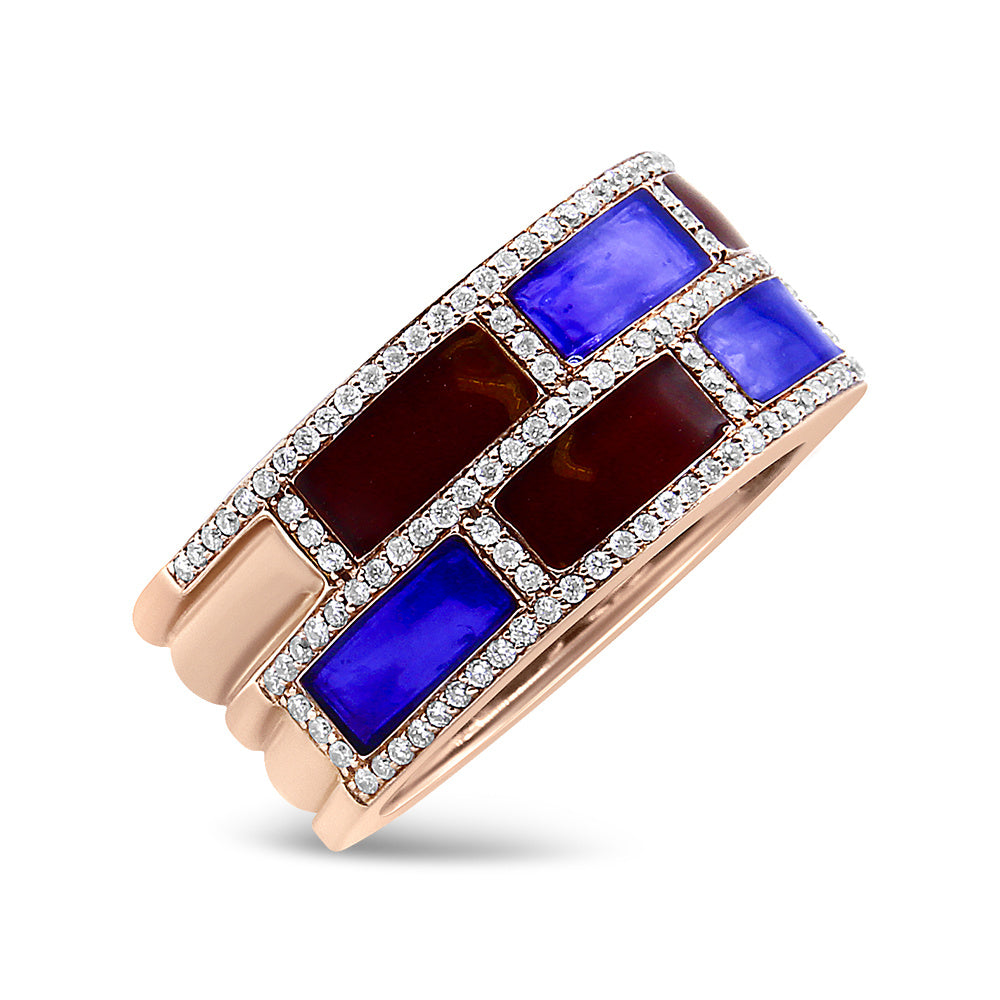 18K Rose Gold Alternating Red and Blue Enamel and 1/2 Cttw Diamond Studded Band Ring (F-G Color, VS1-VS2 Clarity) - Ring Size 7