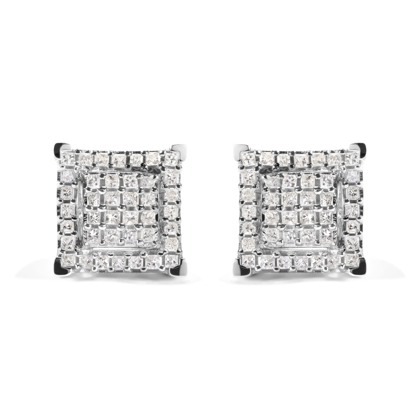 princess diamond composite double square and halo stud earrings