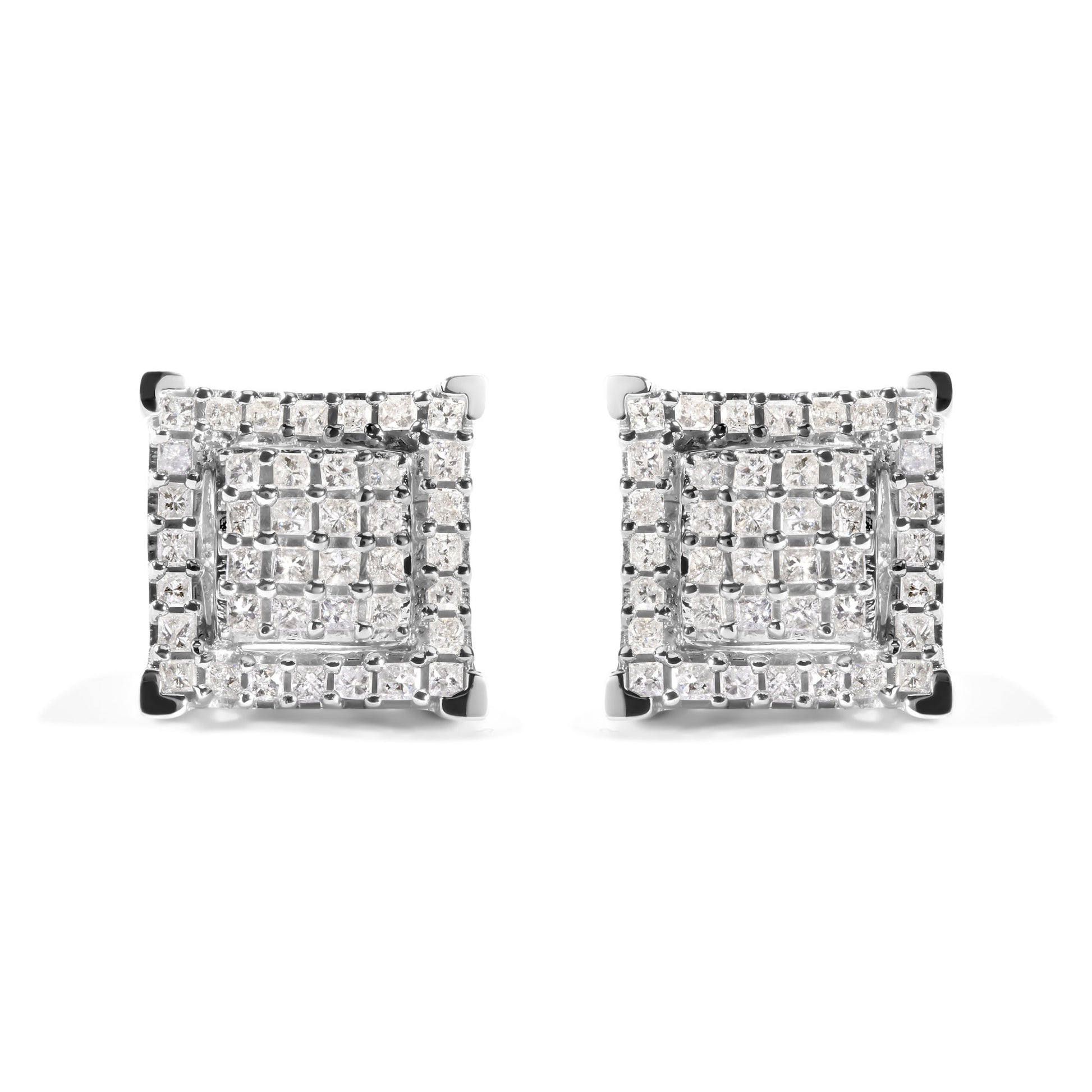 princess diamond composite double square and halo stud earrings