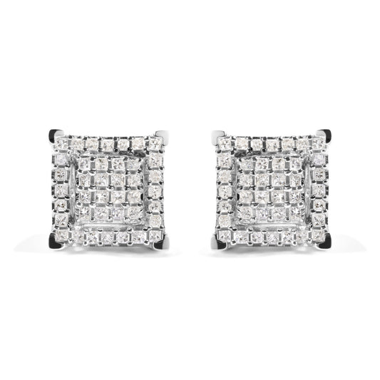 princess diamond composite double square and halo stud earrings