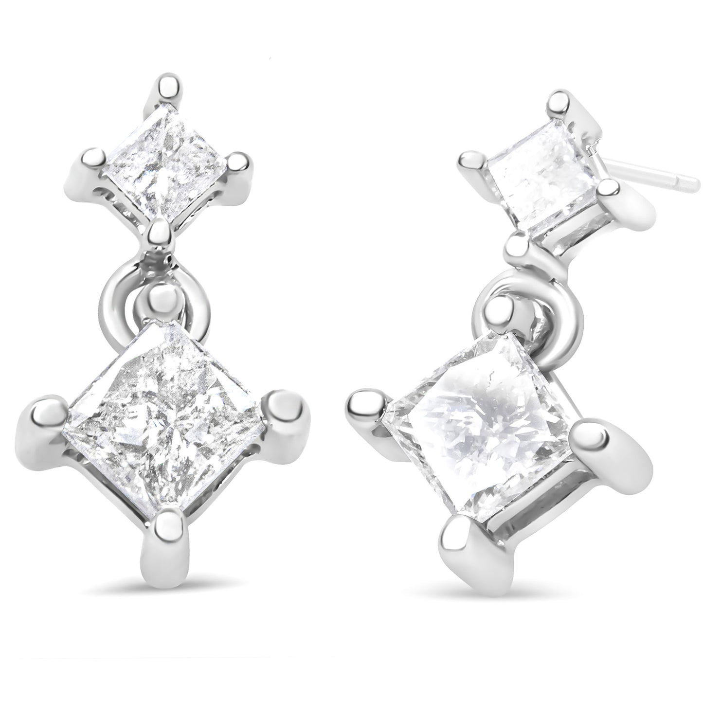 14K White Gold 1.0 Cttw Princess-Cut Double Diamond Drop Stud Earrings for Women (H-I Color, I1-I2 Clarity)