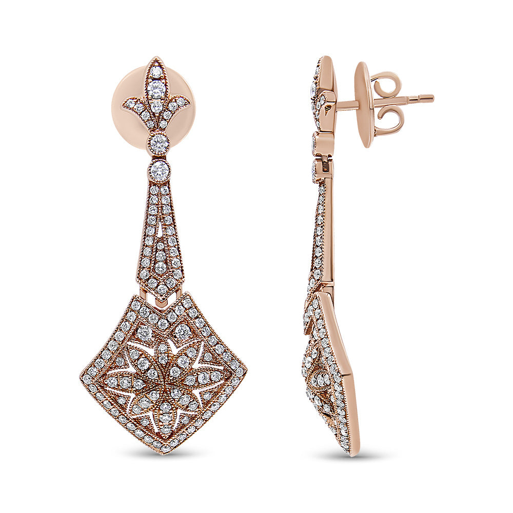 18K Rose Gold 1 1/3 Cttw Diamond Studded Fleur De Lis Trellis Style Drop and Dangle Earring (F-G Color, VS1-VS2 Clarity)