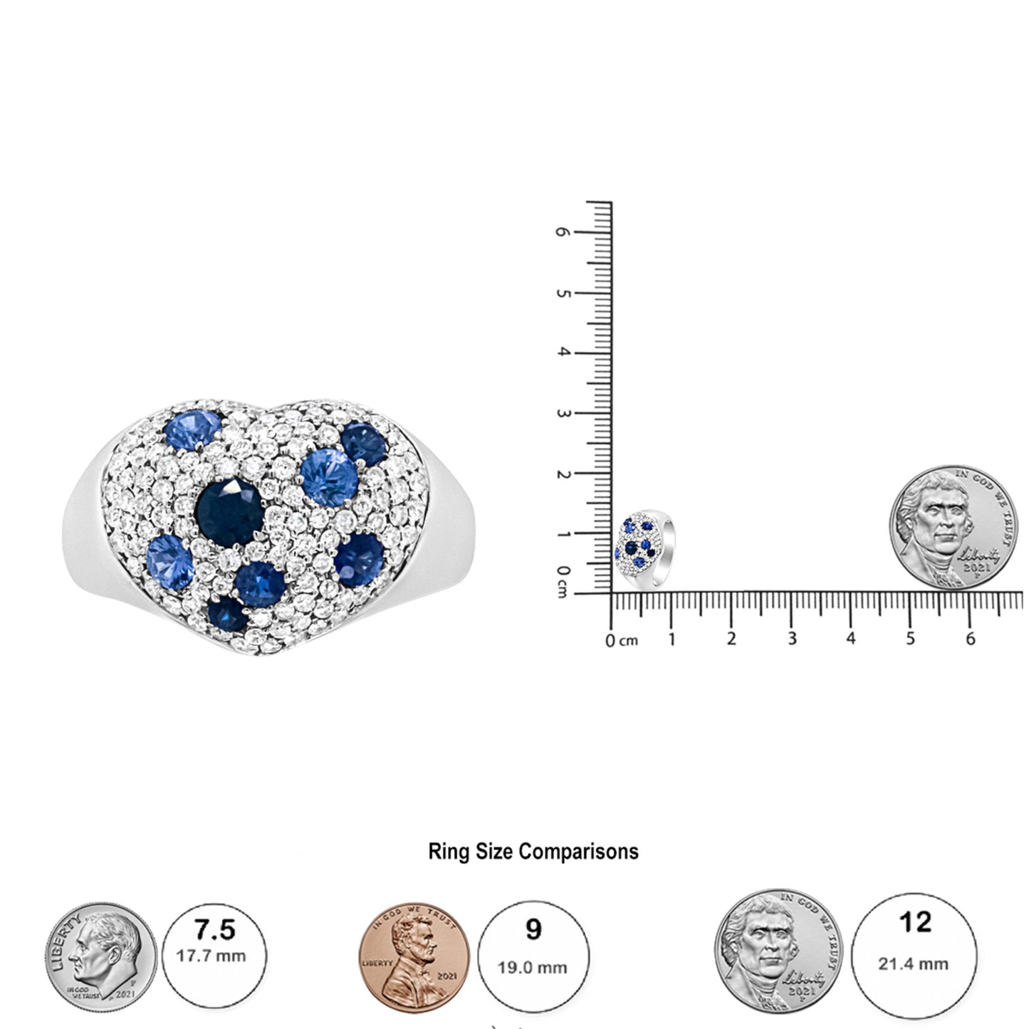 18K White Gold Blue Sapphire and 5/8 Cttw Diamond Cluster Heart Shaped Ring (F-G Color, VS1-VS2 Clarity) - Size 7.5