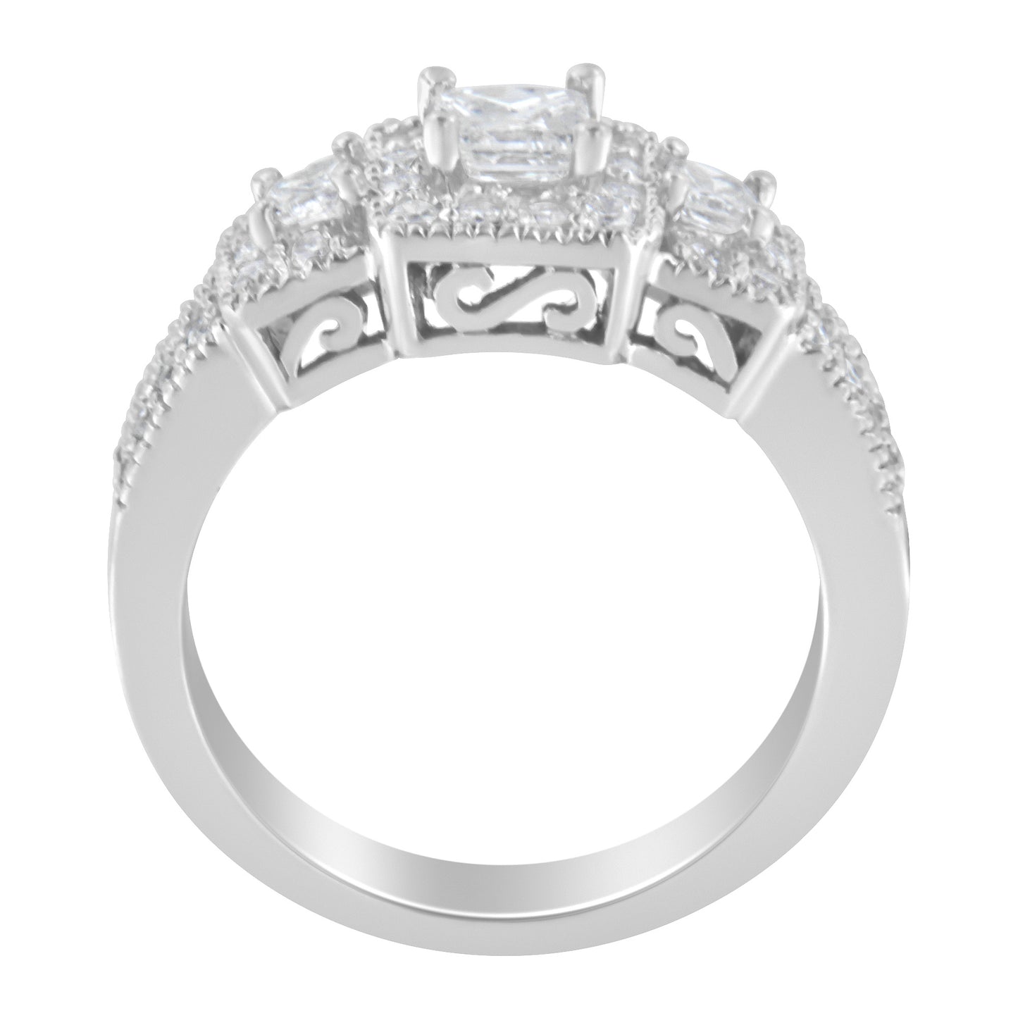 14K White Gold Round and Princess-Cut Diamond Three Stone Ring (1 Cttw, H-I Color, I1-I2 Clarity)