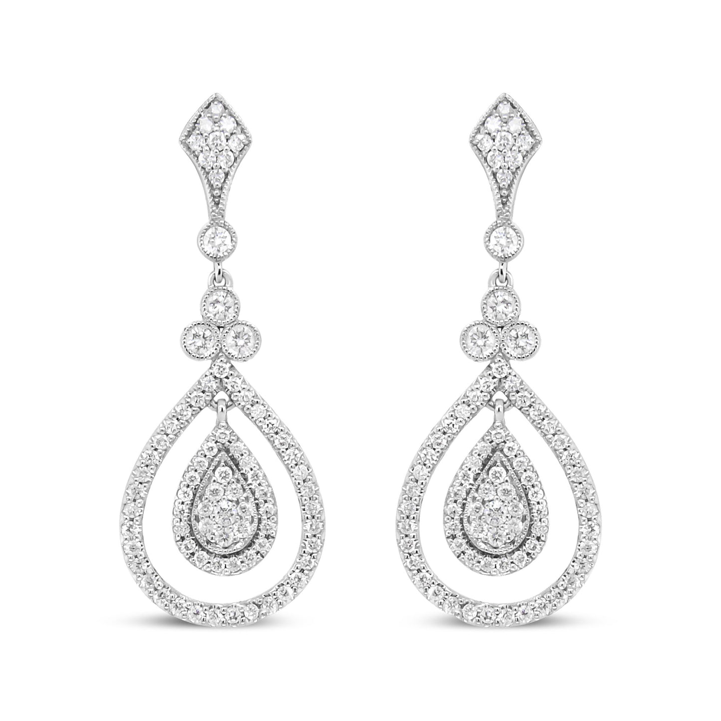 18K White Gold 1 1/4 Cttw Round Diamond Openwork Teardrop-Shaped Dangle Earrings (F-G Color, VS1-VS2 Clarity)