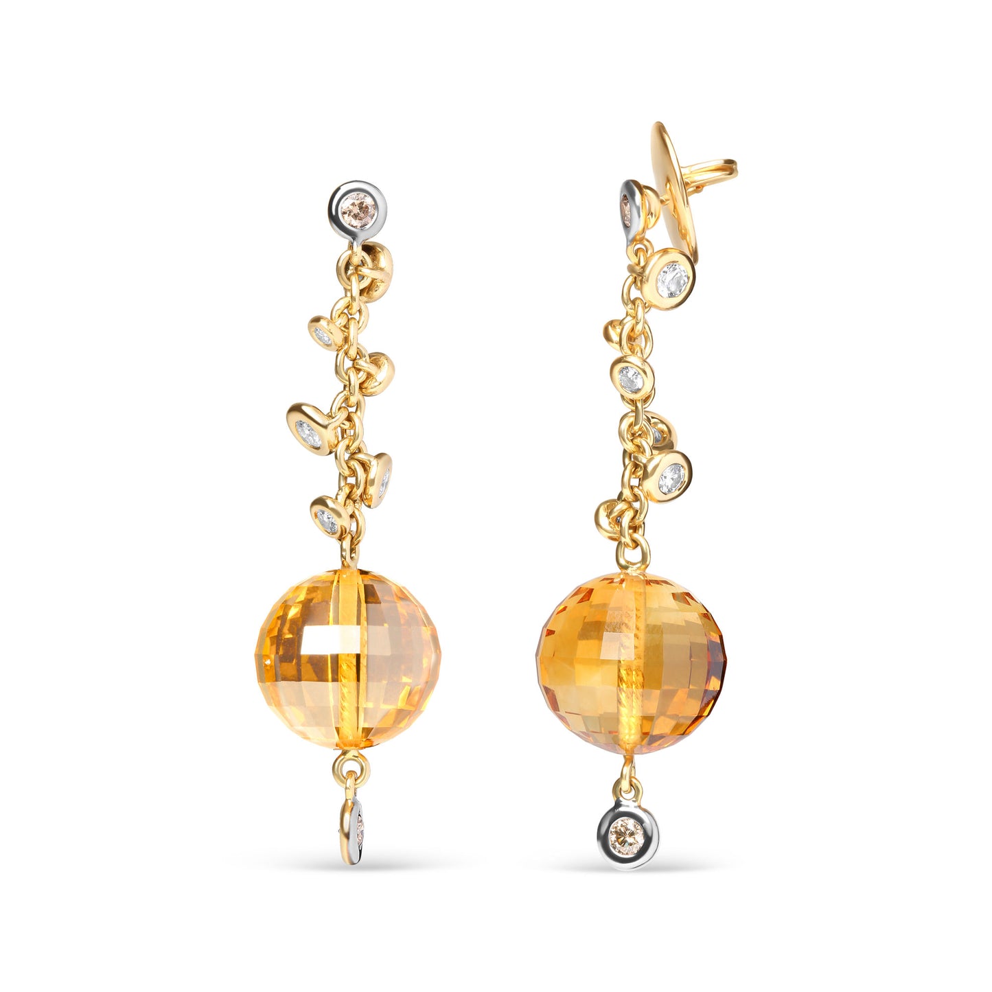 18K Yellow Gold 2/3 Cttw Round Bezel Diamond and 25mm Ball Shaped Yellow Citrine Gemstone Dangle Stud Earring (Brown and G-H Color, SI1-SI2 Clarity)