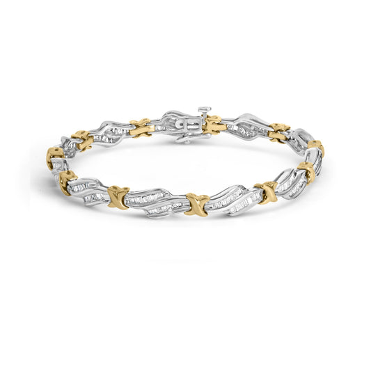 10k Two-Toned Gold 2.00 Cttw Channel Set Baguette-Diamond Weave and "X" Spiral Link Bracelet (H-I Color, I1-I2 Clarity) - 7"