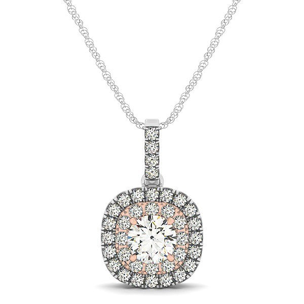 14k White And Rose Gold Cushion Shape Halo Diamond Pendant (1/2 cttw)