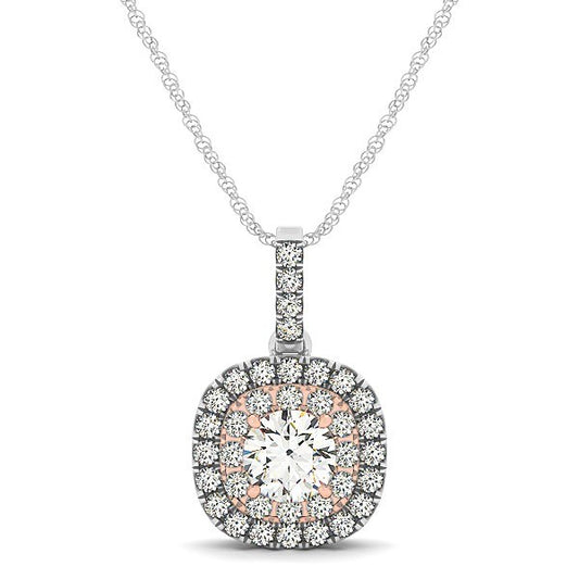 14k White And Rose Gold Cushion Shape Halo Diamond Pendant (1/2 cttw)