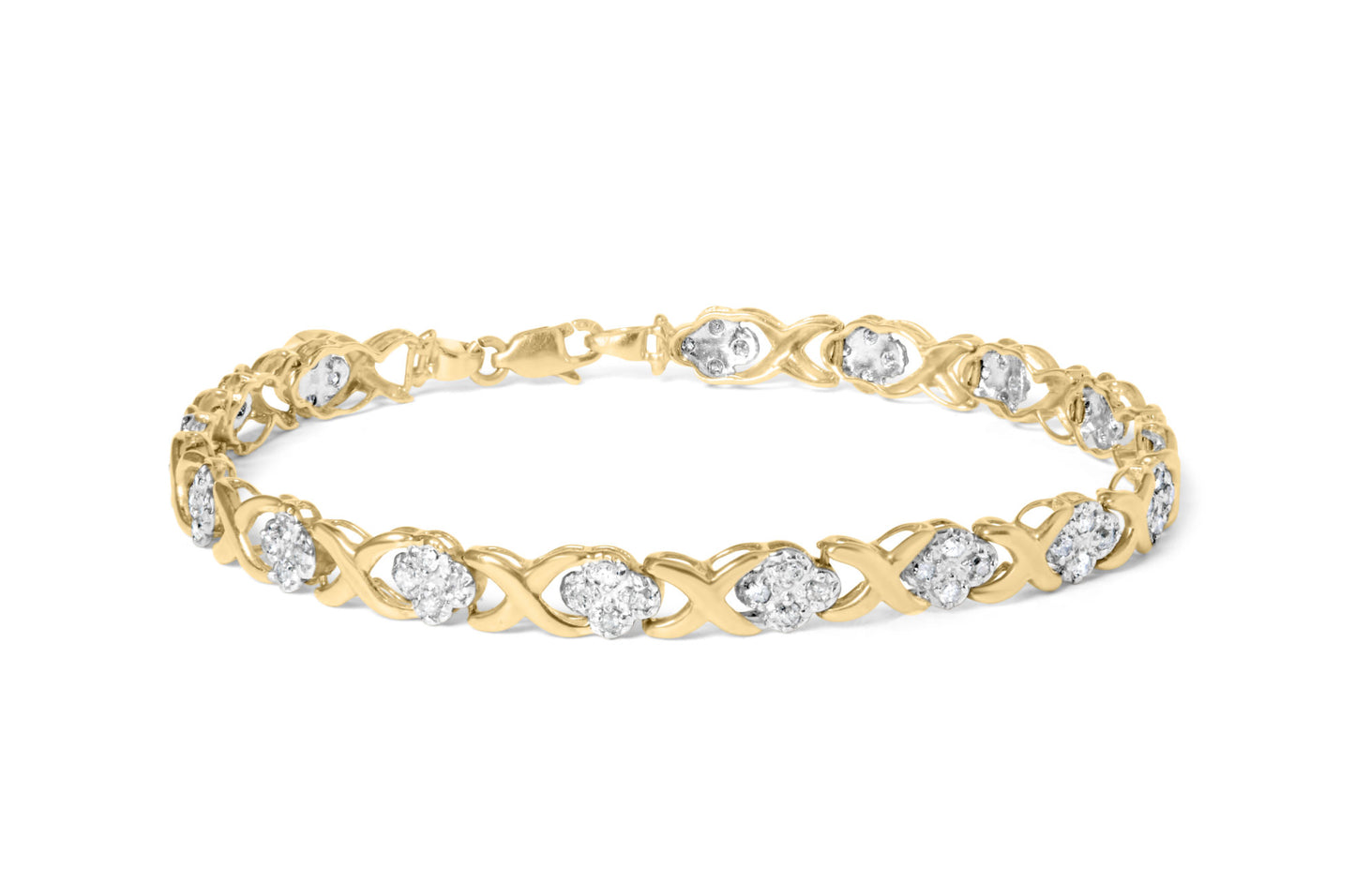 10K Yellow Gold 1.00 Cttw Diamond Cluster X Link Tennis Link 7.50" Bracelet (I-J Color, I2-I3 Clarity)