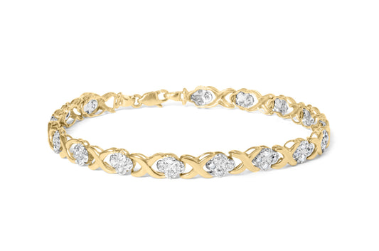 10K Yellow Gold 1.00 Cttw Diamond Cluster X Link Tennis Link 7.50" Bracelet (I-J Color, I2-I3 Clarity)