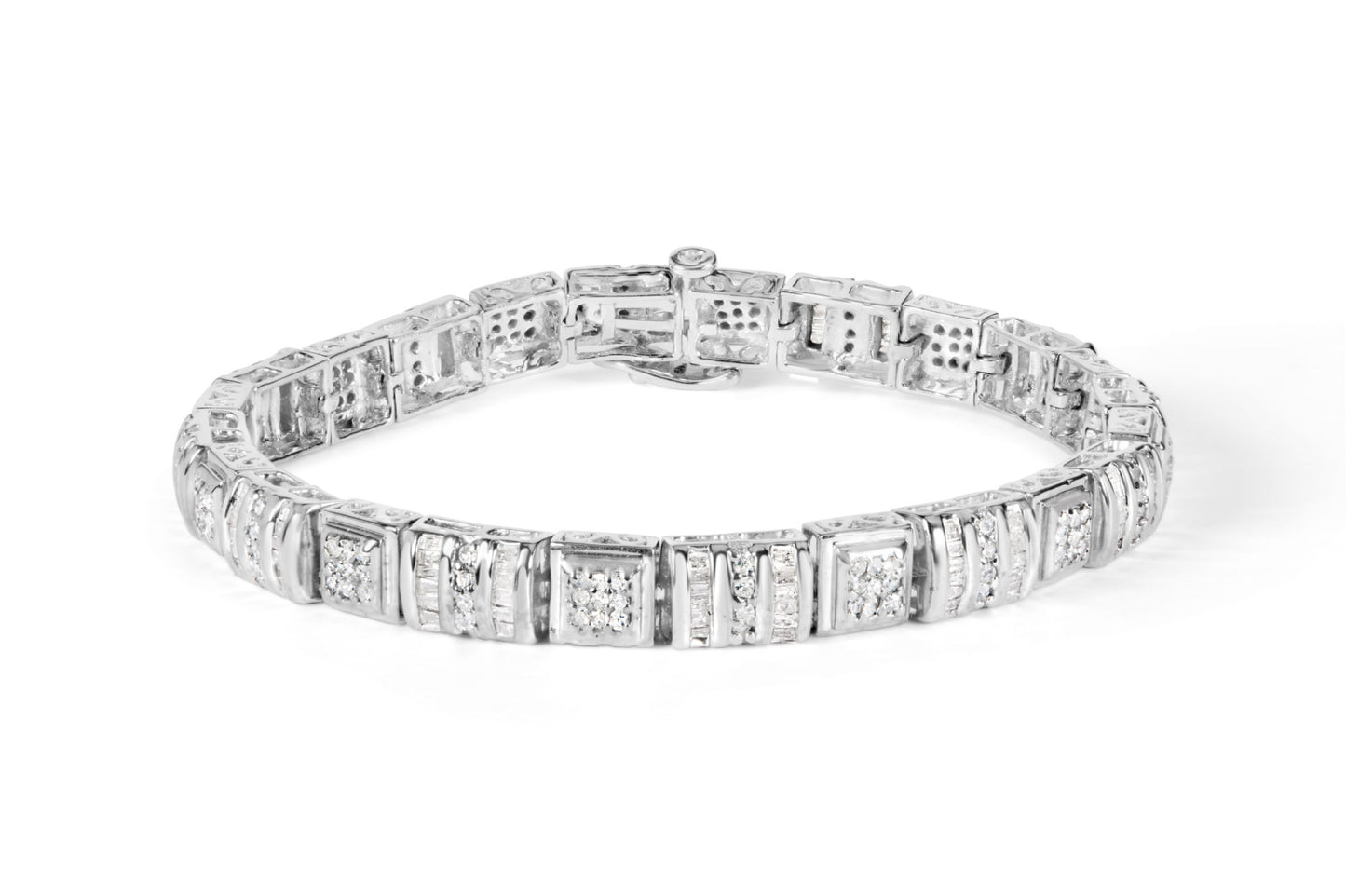 10K White Gold Round and Baguette Cut Diamond Bracelet (2.00 cttw, H-I Color, I2-I3 Clarity)