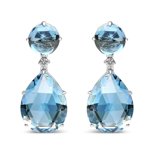 18K White Gold 1/5 Cttw Diamond with Round London Blue Topaz and 20 x 15mm Pear Cut Sky Blue Topaz Gemstone Dangle Earring (G-H Color, SI1-SI2 Clarity)