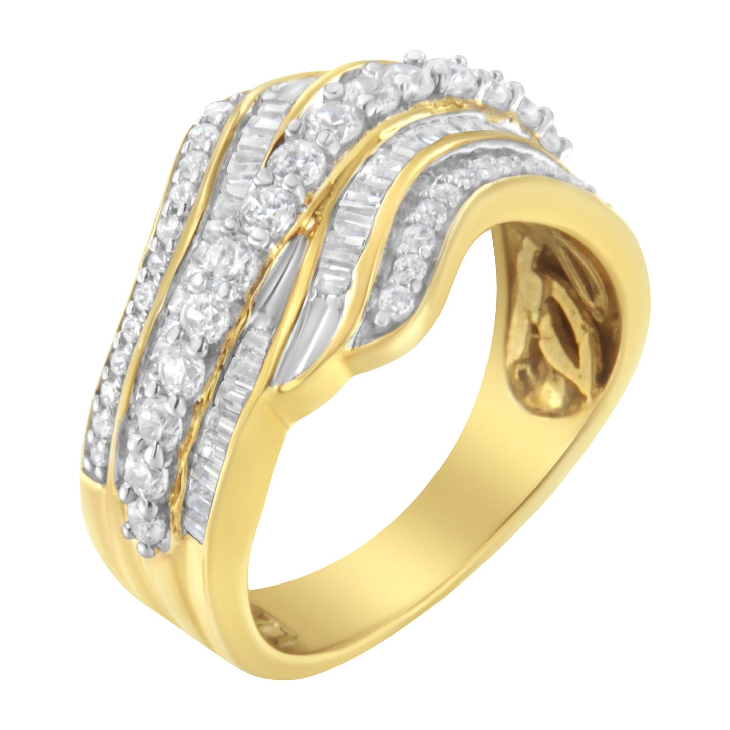 10K Yellow Gold 1.0 Cttw Baguette and Round Diamond Multi-Row Wave Bypass Ring (I-J Color, I1-I2 Clarity)