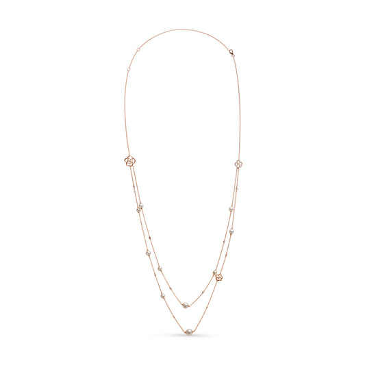 18K Rose Gold 1/2 Cttw Diamond and Freshwater Pearl Double Strand Station Necklace (G-H Color, SI1-SI2 Clarity) - Adjustable up to 16" to 20"