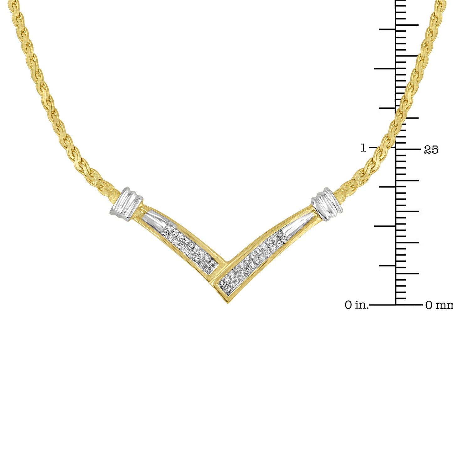 10K Yellow and White Gold 1/2 Cttw Princess Cut Diamond Channel-Set 'V' Shape 18" Franco Chain Necklace (H-I Color, SI2-I1 Clarity)