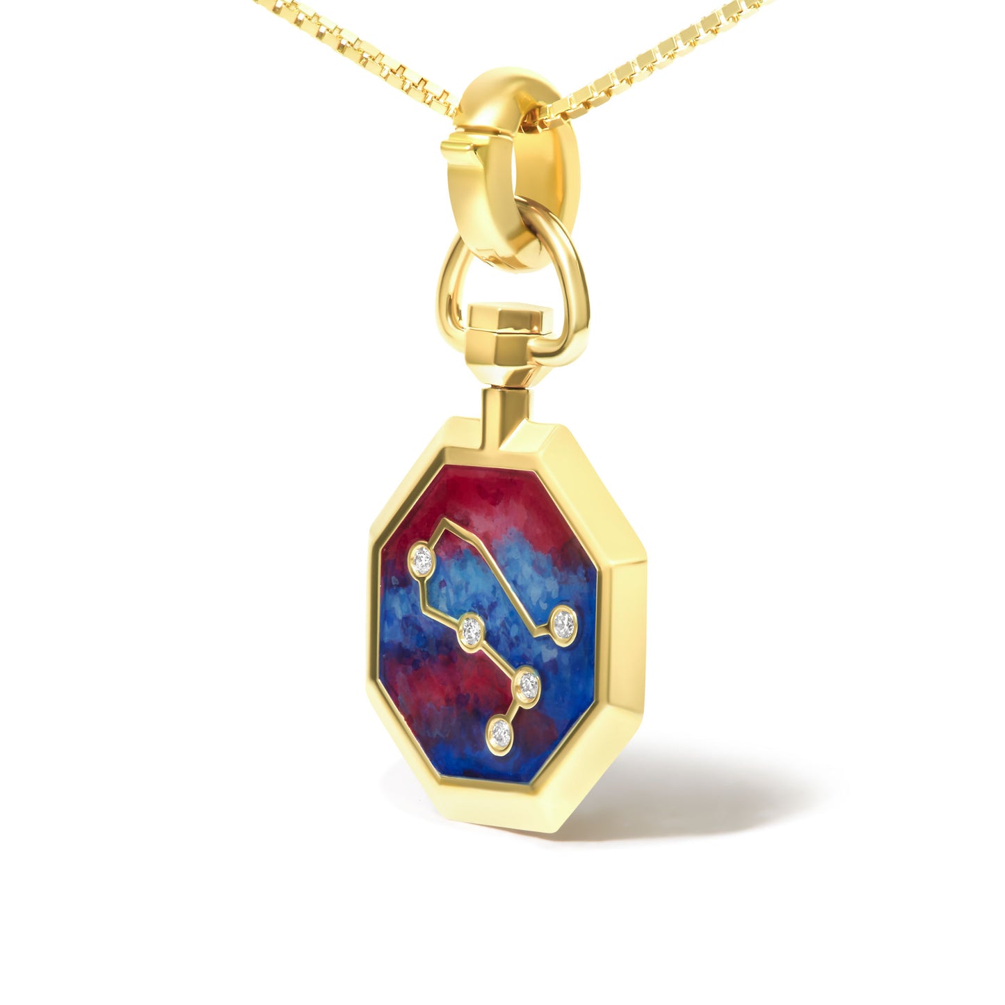 18K Yellow Gold Diamond Gemini Constellation with Red and Blue Enamel 18" Inch Pendant Necklace (H-I Color, SI2-I1 Clarity)