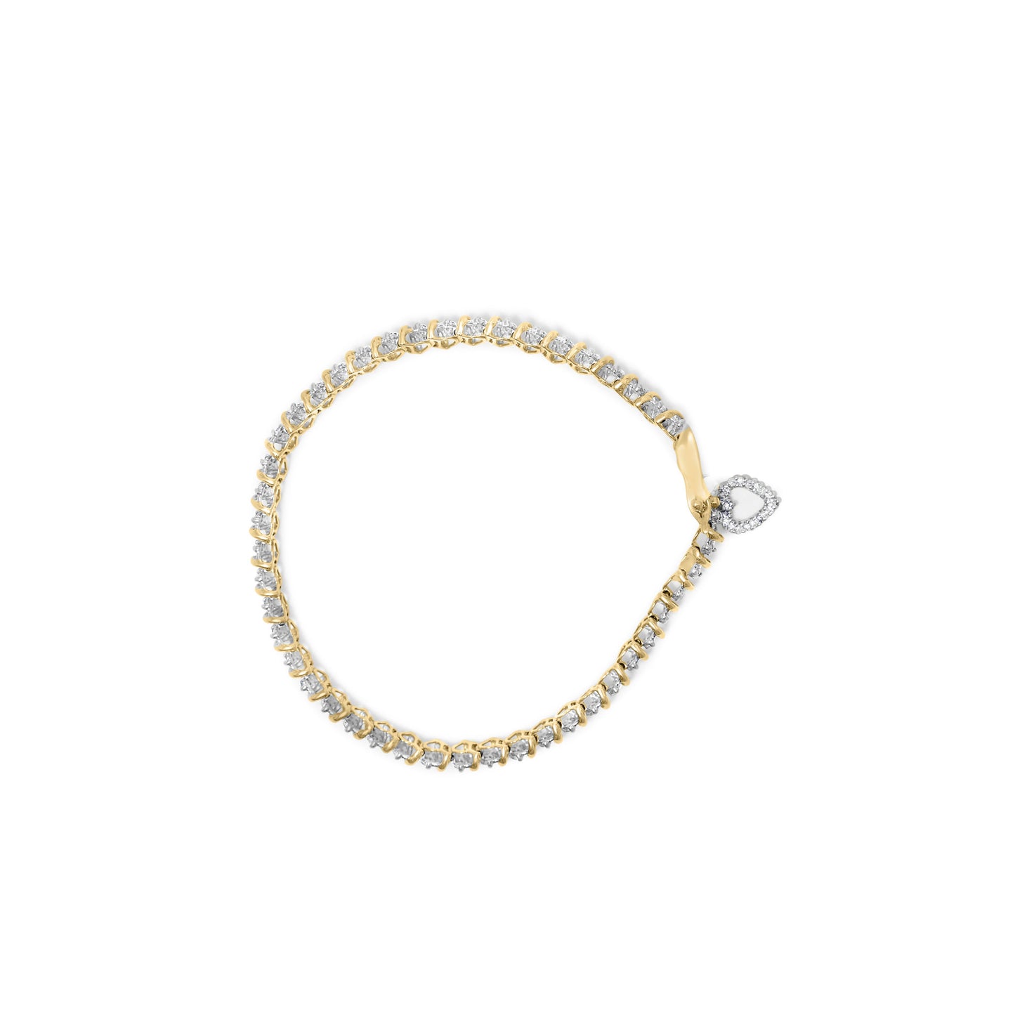 10K Yellow Gold 2.0 Cttw Diamond 2 Row Link and Heart Charm 7" Link Bracelet (I-J Color, I3 Clarity)