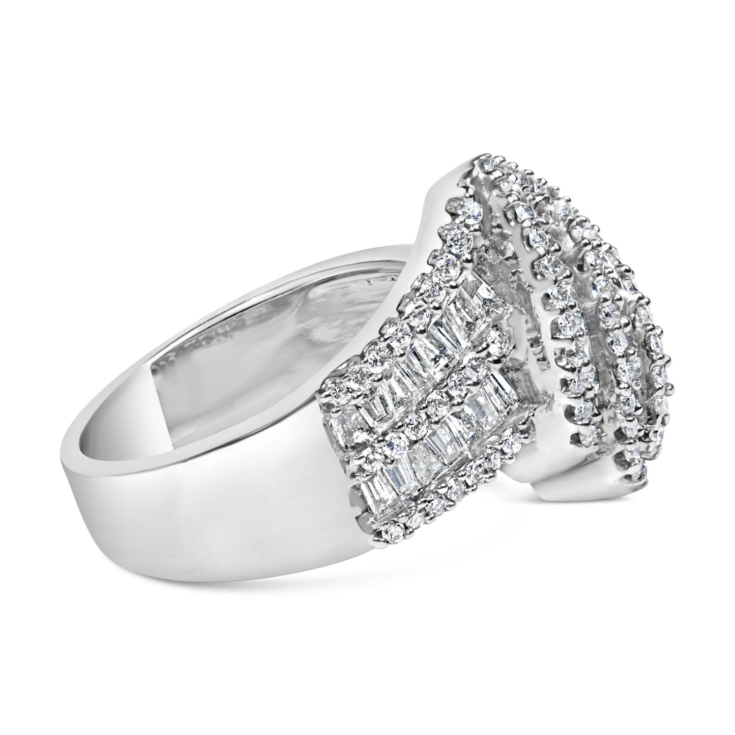 14K White Gold 1-1/2 Cttw Round and Baguette Diamond Bypass Cocktail Ring Band (H-I Color, SI1-SI2 Clarity)