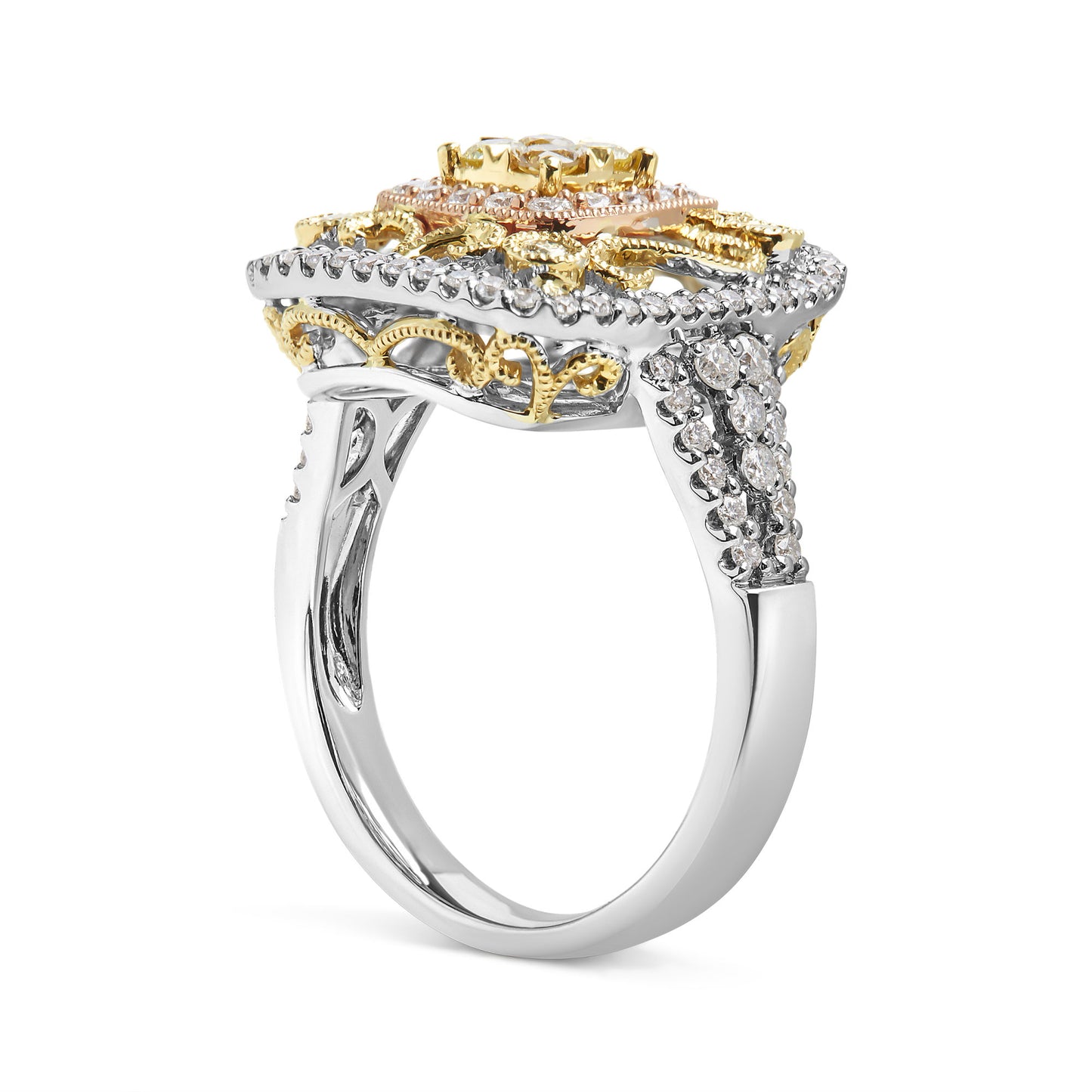 14K Tri-Toned Gold 1.00 Cttw Yellow Diamond Halo and Milgrain Cocktail Cluster Ring (Yellow/G-H Color, SI1-SI2 Clarity) - Ring Size 7