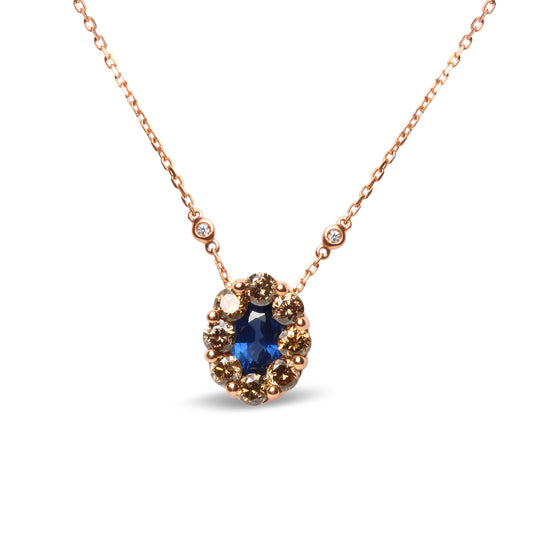 18K Rose Gold 5/8 Cttw White and Brown Diamond Accent and 7 x 4mm Oval Blue Sapphire Gemstone Statement Halo Cluster Pendant Necklace (Brown and G-H Color, SI1-SI2 Clarity)