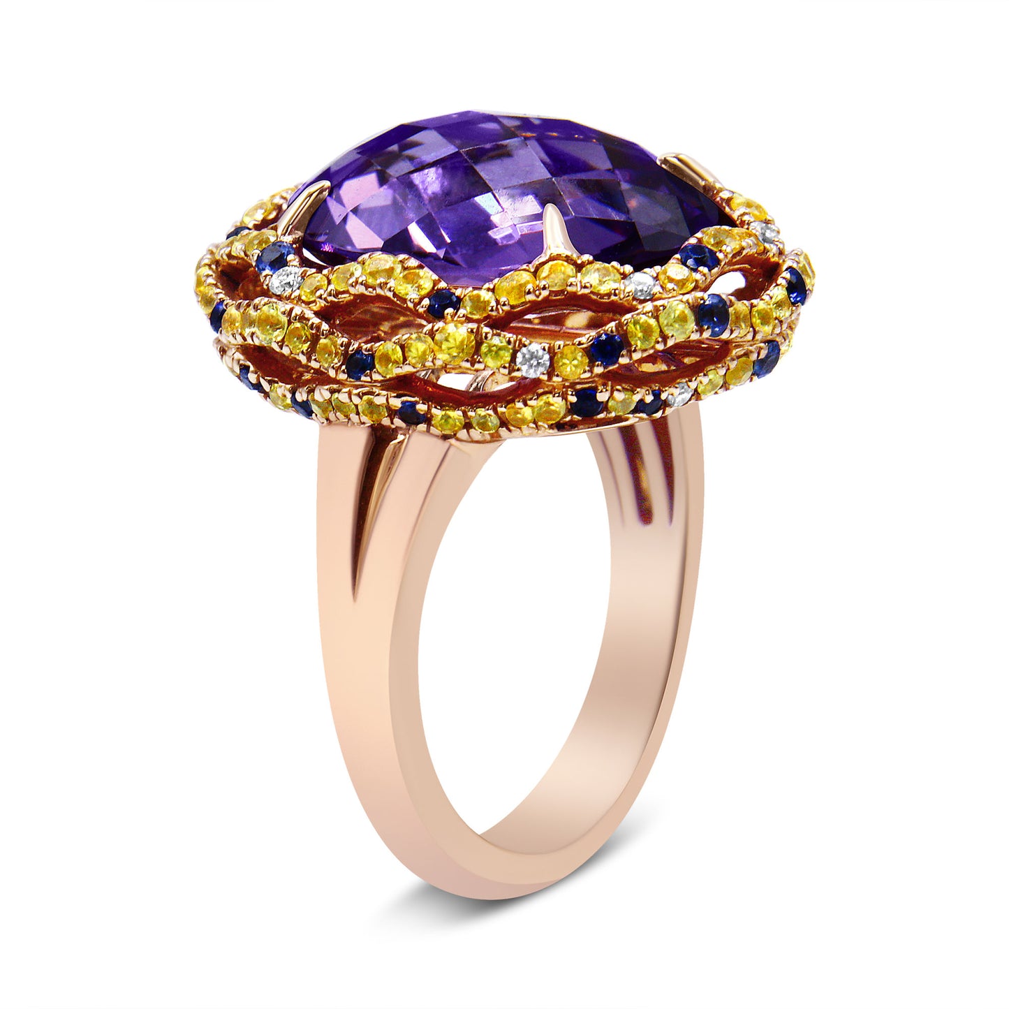 18K Yellow and Rose Gold Claw Prong Set Checkerboard Cut Purple Amethyst, Blue & Yellow Sapphire, Diamond Accent Cocktail Ring Band (F-G Color, VS1-VS2 Clarity) - Ring Size 7