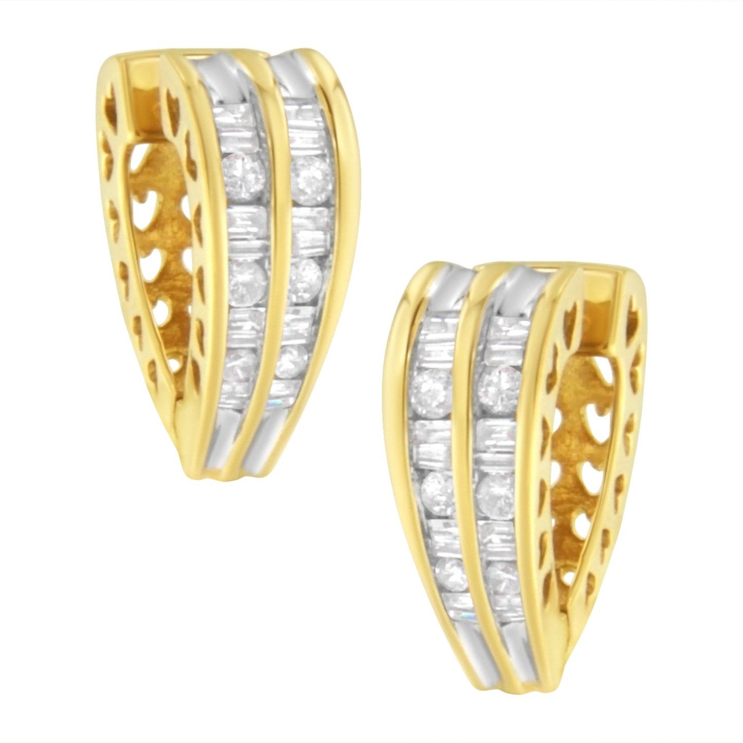 14K Yellow and White Gold 1.0 Cttw Channel Set Round and Baguette Diamond Multi Row Huggy Hoop Earrings (I-J Color, I2-I3 Clarity)