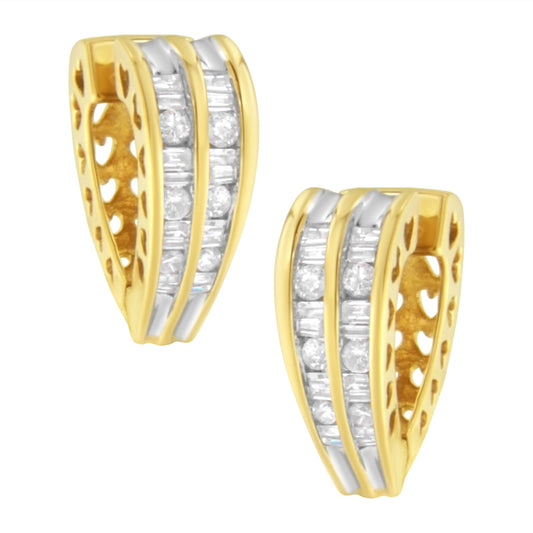 14K Yellow and White Gold 1.0 Cttw Channel Set Round and Baguette Diamond Multi Row Huggy Hoop Earrings (I-J Color, I2-I3 Clarity)