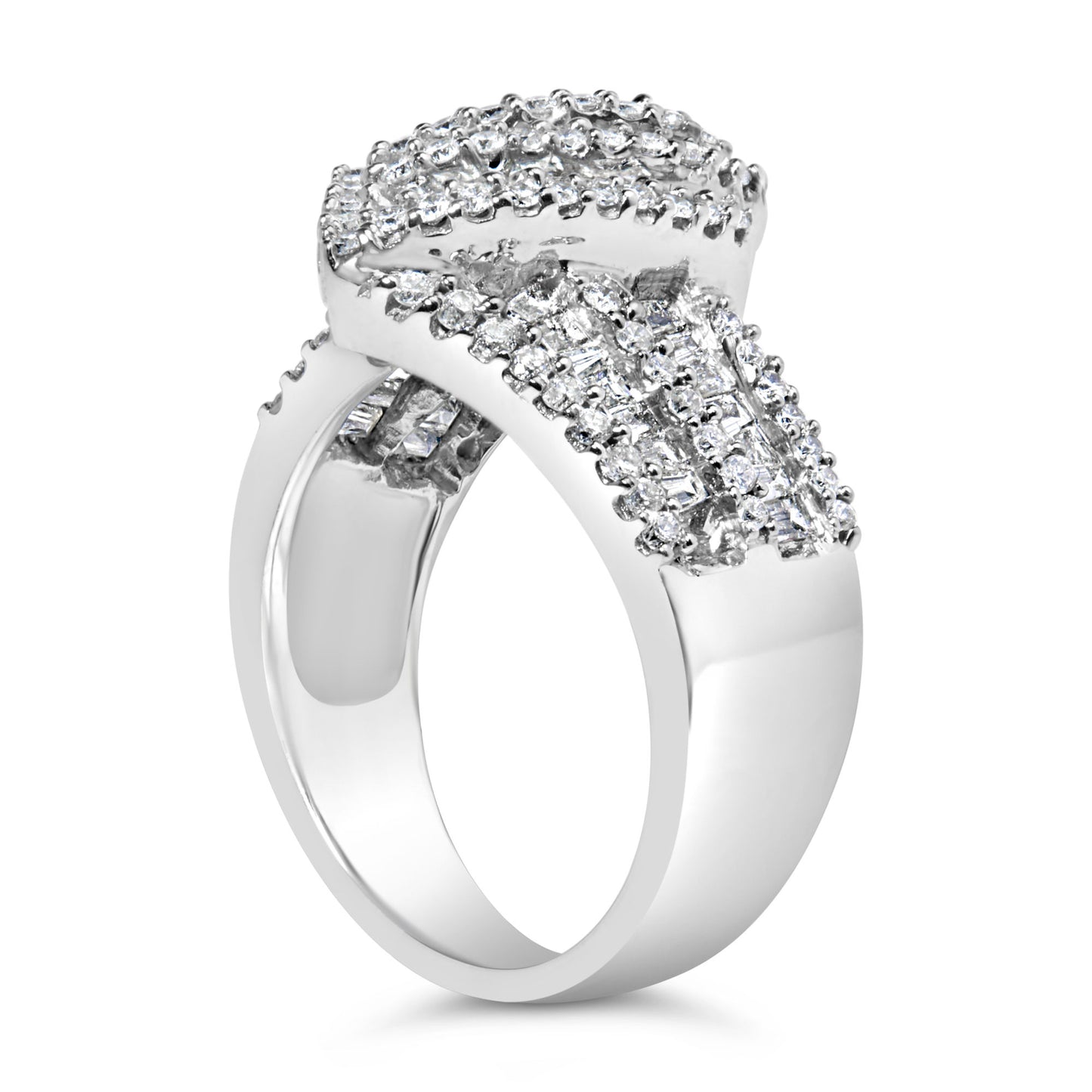 14K White Gold 1-1/2 Cttw Round and Baguette Diamond Bypass Cocktail Ring Band (H-I Color, SI1-SI2 Clarity)