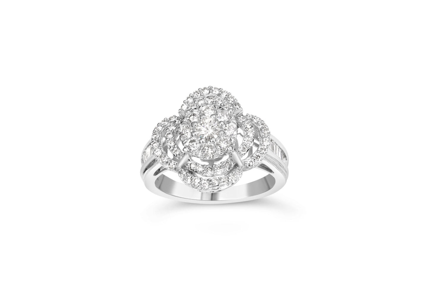 14K White Gold 1.0 Cttw Round & Baguette Cut Diamond Floral Cluster Quatrefoil Channel Set Band Cocktail Statement Ring (H-I Color, SI2-I1 Clarity)