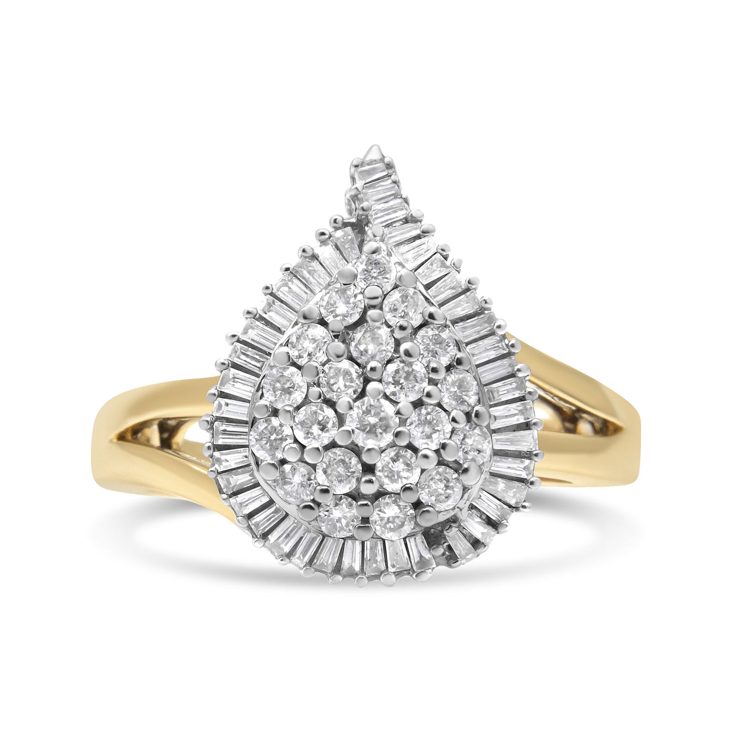 14K Yellow and White Gold 1.00 Cttw Round and Baguette-Cut Diamond Ballerina Cocktail Ring (H-I Color, SI2-I1 Clarity)