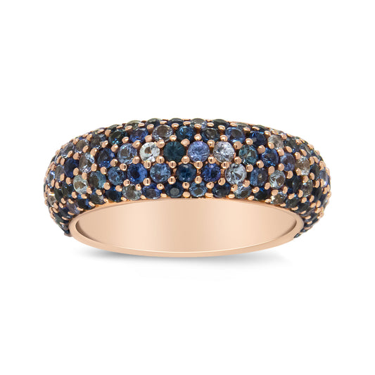 18K Rose Gold Multi Row Blue Sapphire Domed Top Band Ring - Ring Size 7