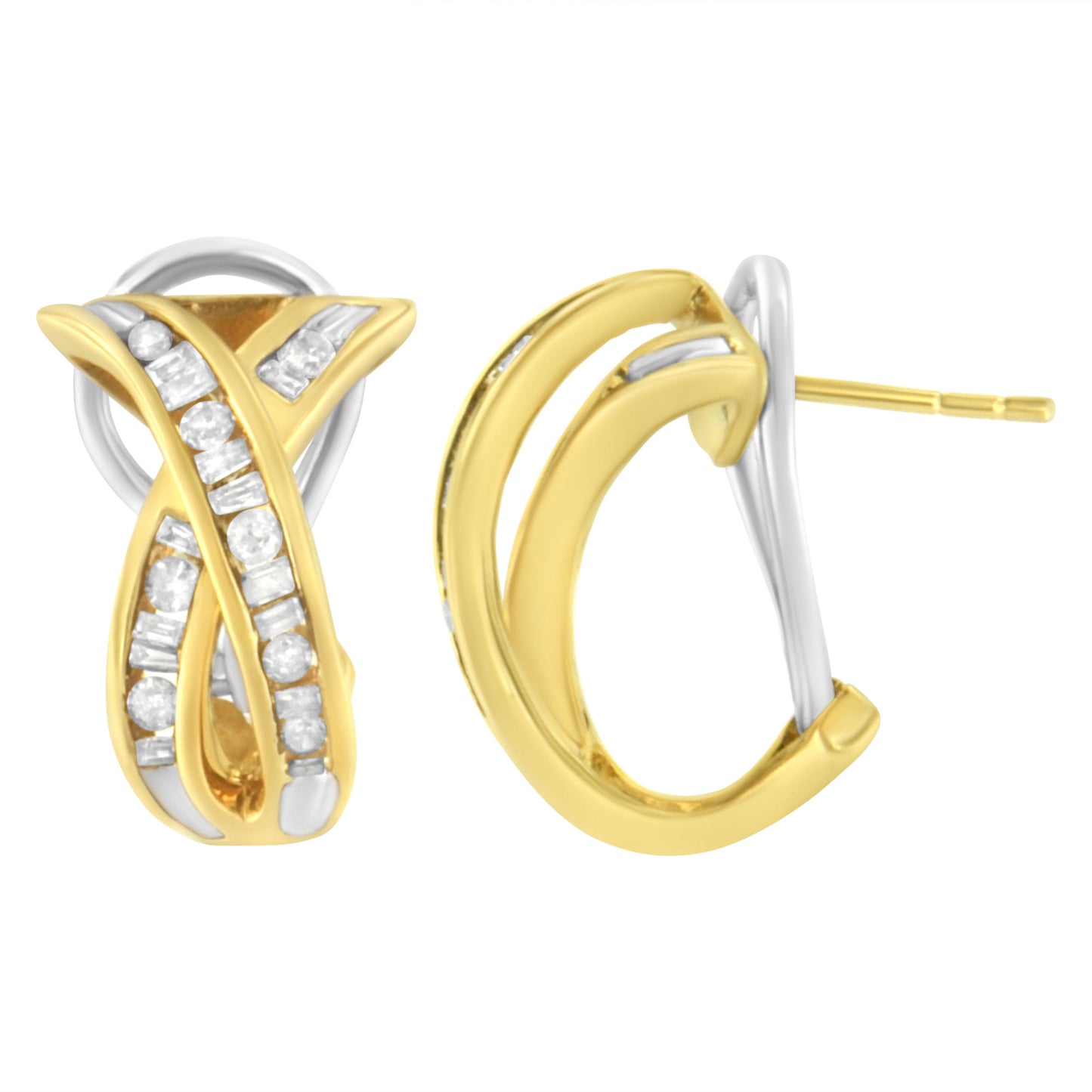 14K Yellow and White Gold 1/2 TDW "X" Shape Cross Over Diamond Hoop Earrings (I-J, I2-I3)